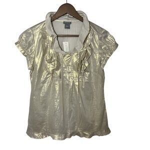 NWT Ann Taylor Metallic Gold Ruffle Blouse Short Sleeve Sz 0 Pleated